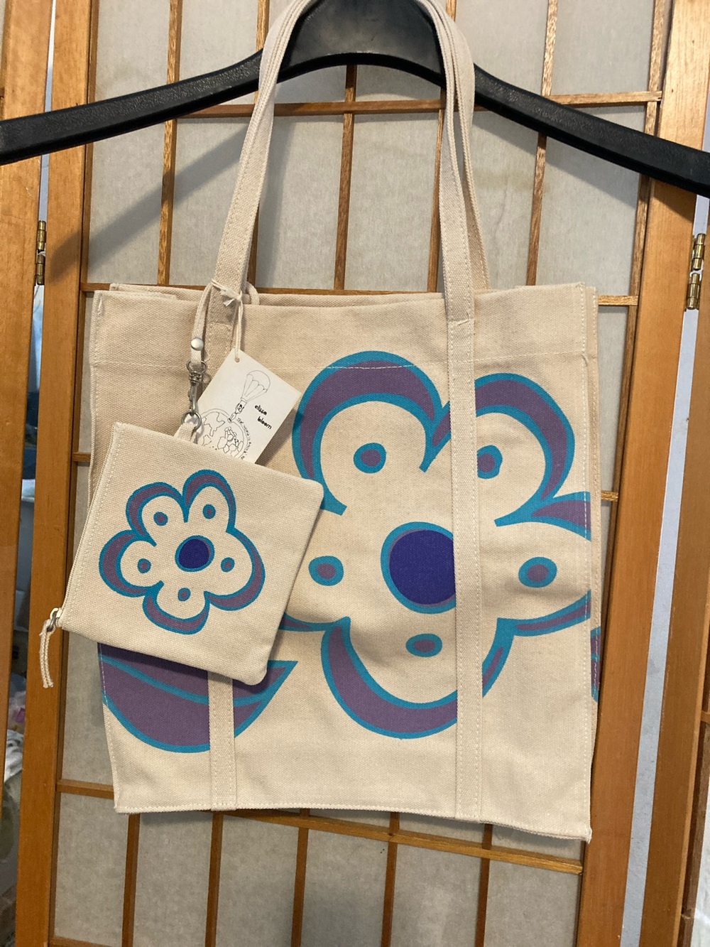 Canvas Tote Bag with Blue and Purple Floral Print